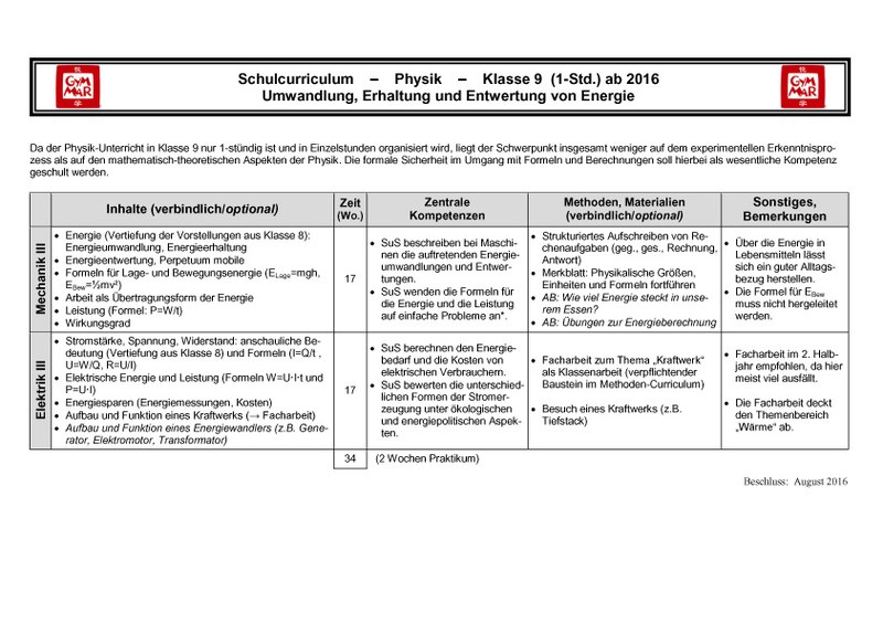 Curriculum Jahrgang 9